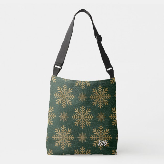 Bolso Cruzado Green Leather Tooled with Gold Snowflakes Initials (Anverso)