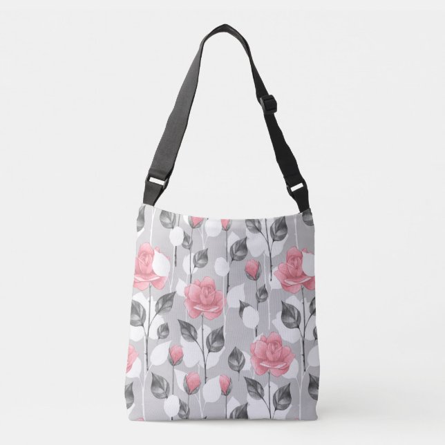 Bolso Cruzado Gris y rosa. Patrón floral (Anverso)