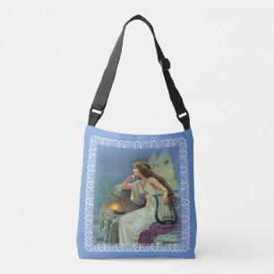 Bolso Cruzado Hada con bata blanca en acantilado con arpa azul d