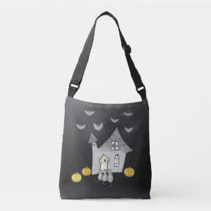 Bolso Cruzado Halloween House, gatos negros, murciélagos, calaba