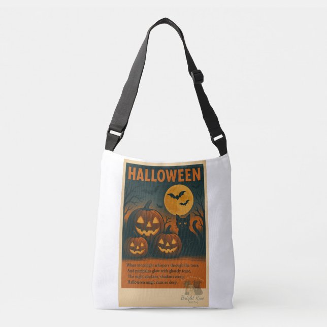 Bolso Cruzado Halloween Tote de gato negro y calabaza (Anverso)