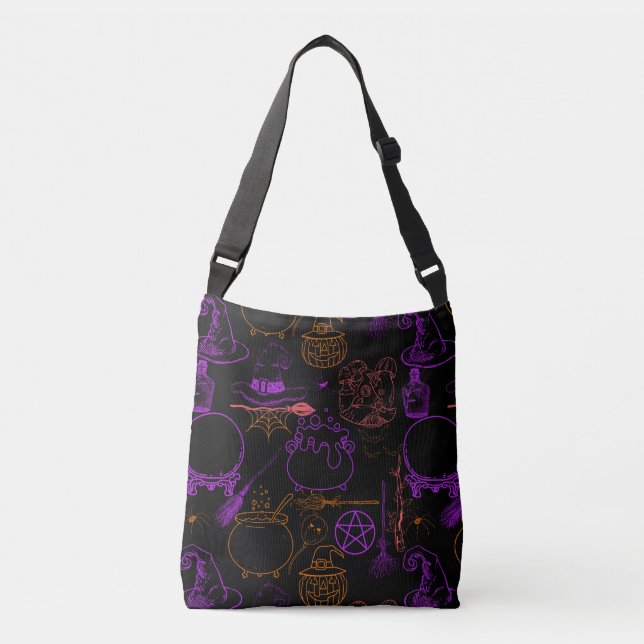Bolso Cruzado Halloween Witchcraft Pattern Neon 01 Black BG (Anverso)