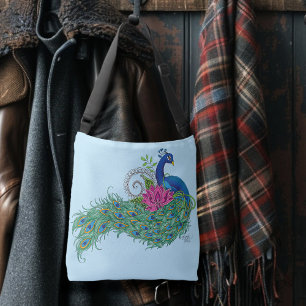 Bolso Cruzado Henna de flor de Lotus azul Peacock