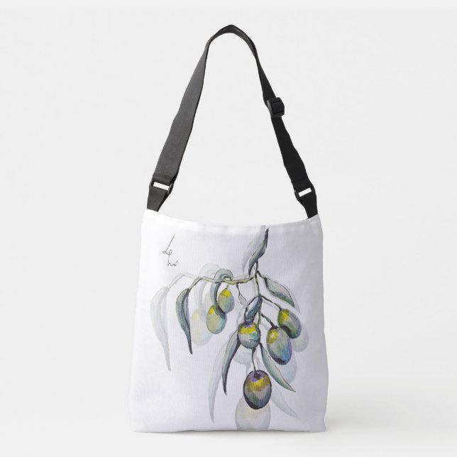 Bolso Cruzado Hermosa Rama de Olivo Acuarela pintada a mano (Anverso)