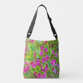 Bolso Cruzado Hermosa Weigela verde con flores de Crimson