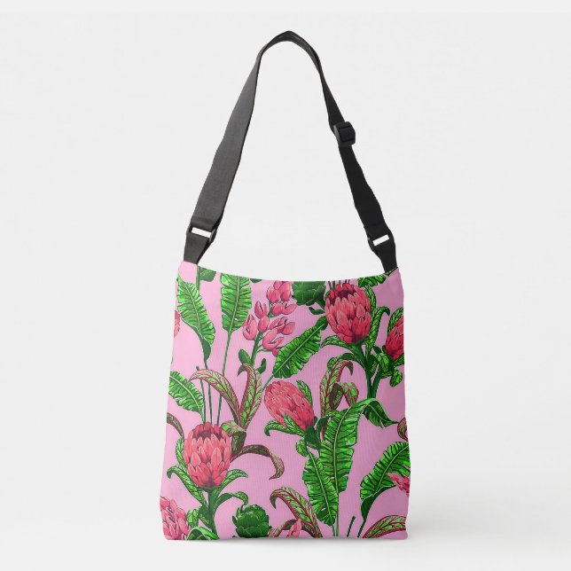 Bolso Cruzado Hermosas hojas verdes tropicales con flores rojas  (Anverso)