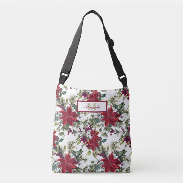 Bolso Cruzado Hermosas Poinsettias Rojas y Flores Blancas (Anverso)