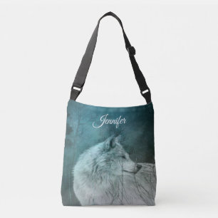 Bolso Cruzado Hermoso lobo gris en un bosque oscuro