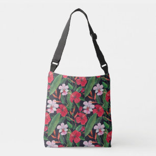 Bolso Cruzado hibiscos rojos, orquídeas, acuarela tropical.