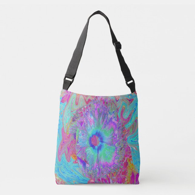 Bolso Cruzado Hibiscus psicodélico retro arcoiris azul (Anverso)