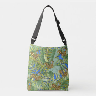 Bolso Cruzado Hojas de pavo real doradas en azul ceruleño