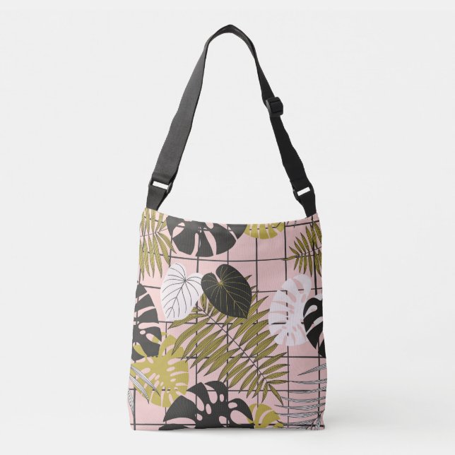 Bolso Cruzado Hojas tropicales, flores, patrón pintado a mano. (Anverso)