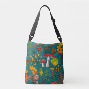 Bolso Cruzado Hongos, hojas, nueces y bayas otoñales en azul