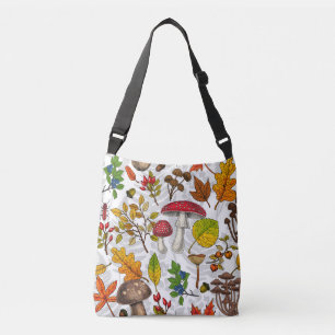 Bolso Cruzado Hongos, hojas, nueces y bayas otoñales en blanco