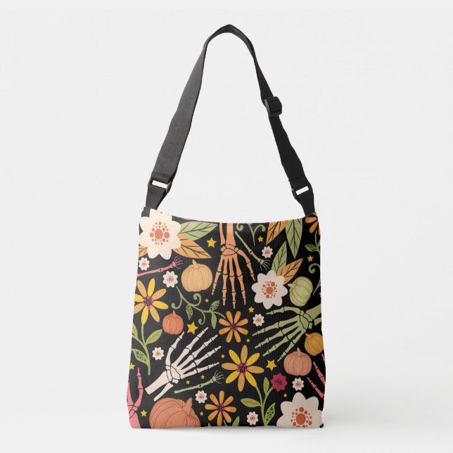 Bolso Cruzado Huesos de Halloween, patrón sin costuras florales. (Anverso)