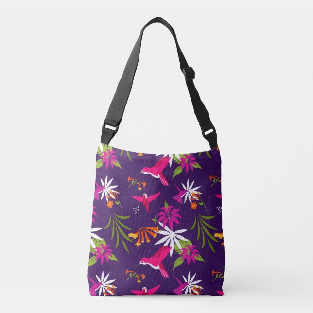 Bolso Cruzado Hummingbird Flor tropical morada rosada con estamp (Anverso)