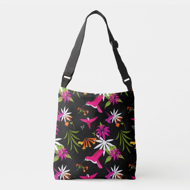 Bolso Cruzado Hummingbird Flor Tropical Rosa Negro (Anverso)