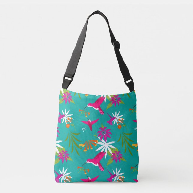 Bolso Cruzado Impresión de flores tropicales Blue Pink Purple Hu (Anverso)