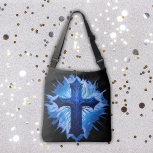 Bolso Cruzado Impresionante cruz azul cristiana en negro  