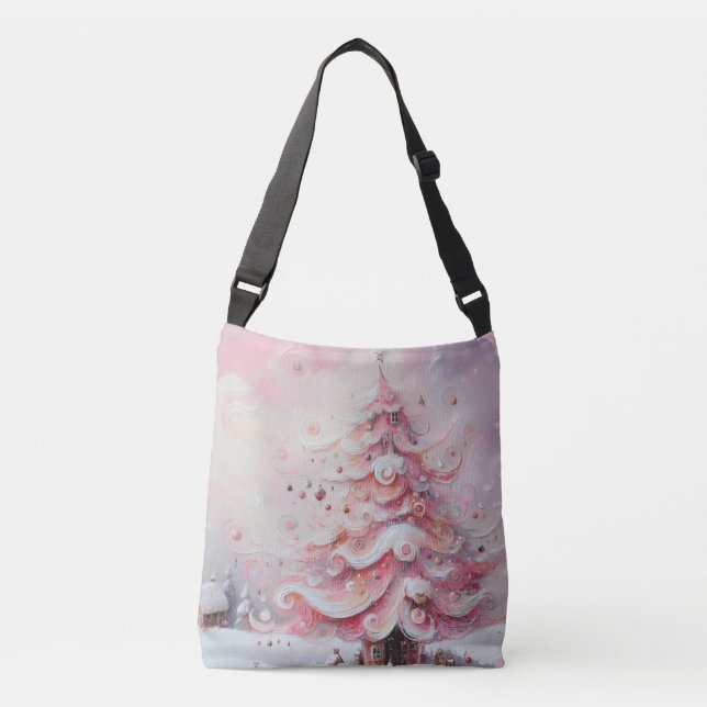Bolso Cruzado Impresionante y caprichoso árbol de Navidad rosa (Anverso)
