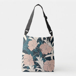 Bolso Cruzado Inhibisco rosa tropical, fondo oscuro