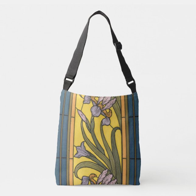 Bolso Cruzado Iris Flor Art Nouveau Vidrio Manchado Oro Azul (Anverso)