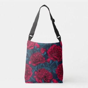 Bolso Cruzado Jardín de peones rojos en azul oscuro
