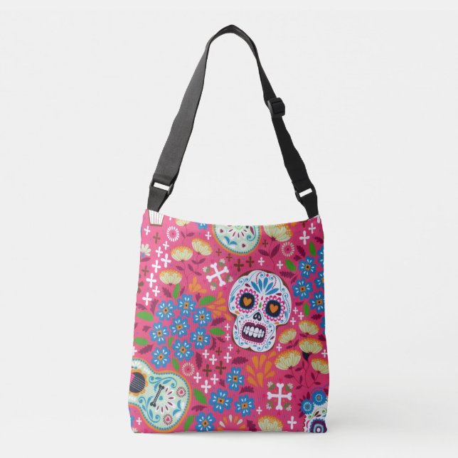 Bolso Cruzado Jardín floral de cráneo de rock rosado (Anverso)