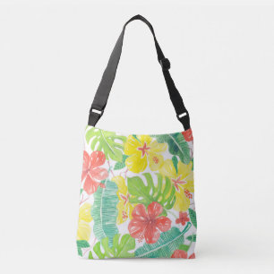 Bolso Cruzado Jardín tropical, plumeria de hibiscos y hojas de p