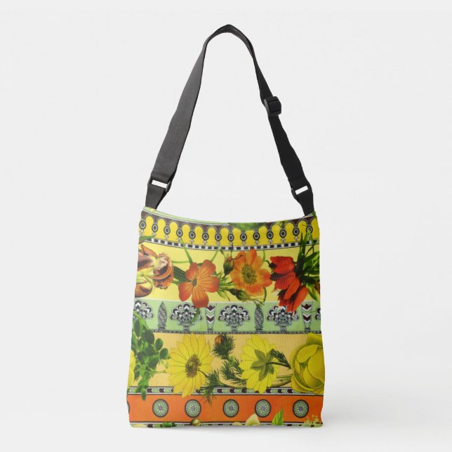 Bolso Cruzado Jardín Vintage Amarillo Floral Botánico (Anverso)