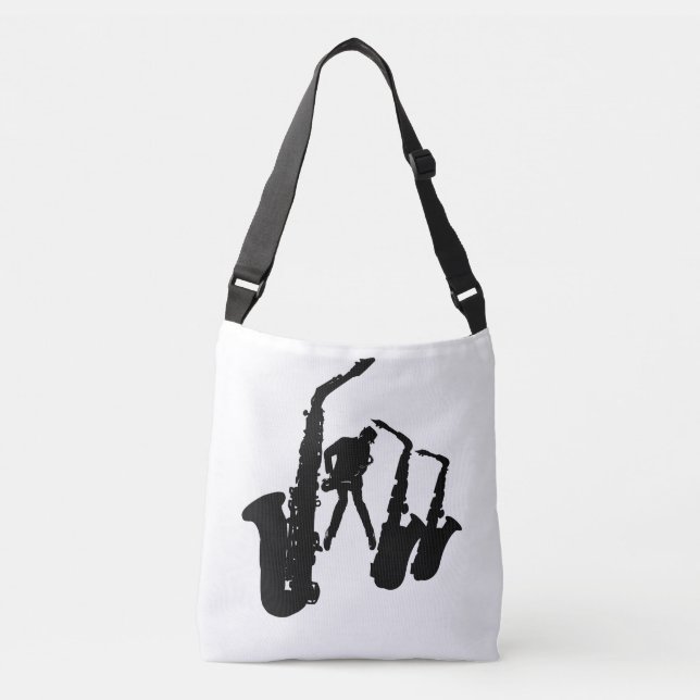 Bolso Cruzado Jazzman Black Silhouette Sax Jazz White Bag (Anverso)