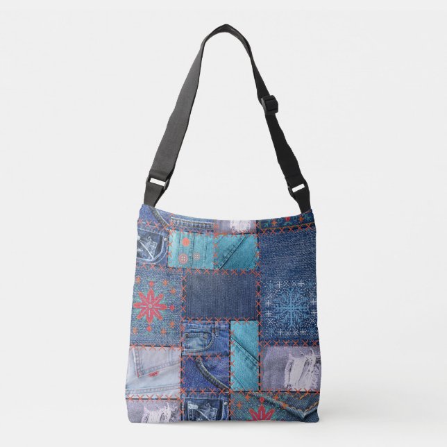 Bolso Cruzado Jeans Azules Patchwork con detalles florales (Anverso)