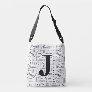 Bolso Cruzado Jessica nombre personalizado negro blanco monogram