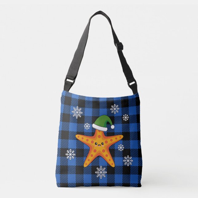Bolso Cruzado Kawaii Navidad Starfish en patrón de búfalo azul (Anverso)