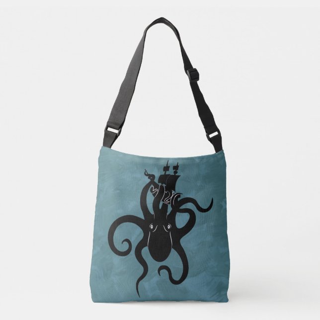 Bolso Cruzado Kraken negro y azul del océano profundo (Anverso)