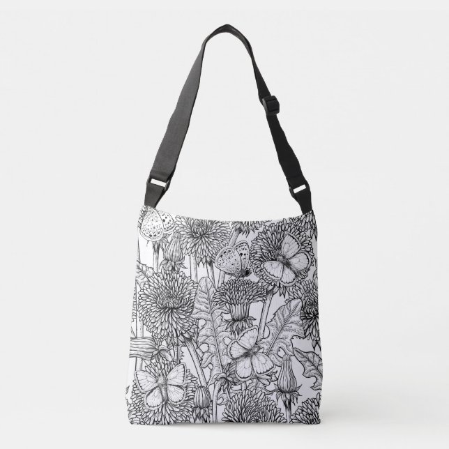 Bolso Cruzado La pradera de Dandelion en blanco y negro (Anverso)