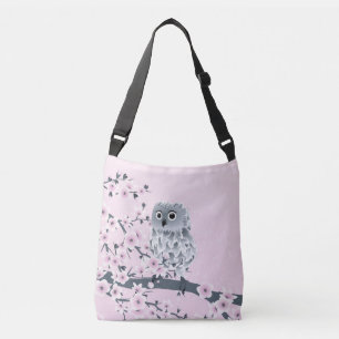 Bolso Cruzado Lechuza Y Flores De Cerezo Niños Gris Rosa
