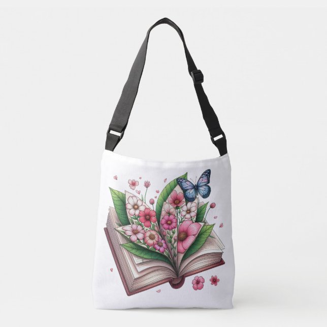 Bolso Cruzado Libro abierto con flor rosa y mariposa (Anverso)
