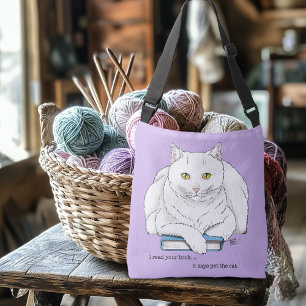 Bolso Cruzado Libro divertido de gato blanco leyendo humor púrpu