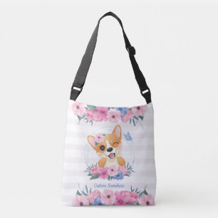 Bolso Cruzado Lindo Corgi Perro Corona de Flores Mariposa Azul P