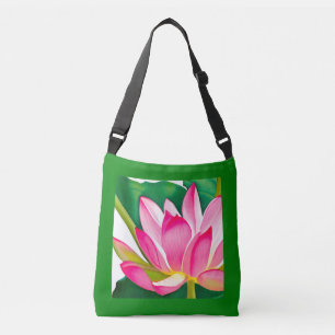 Bolso Cruzado Lirio de agua rosa grande con hojas verdes de esme