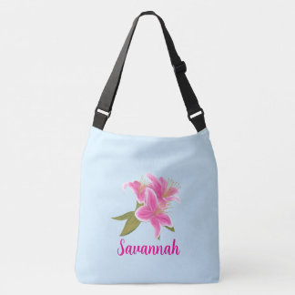 Bolso Cruzado Lirios rosados sobre fondo azul