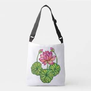 Bolso Cruzado Loto rosa acuarela con manchas y hojas
