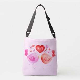 Bolso Cruzado Lovebirds corazón acuarela arte personalizado de l