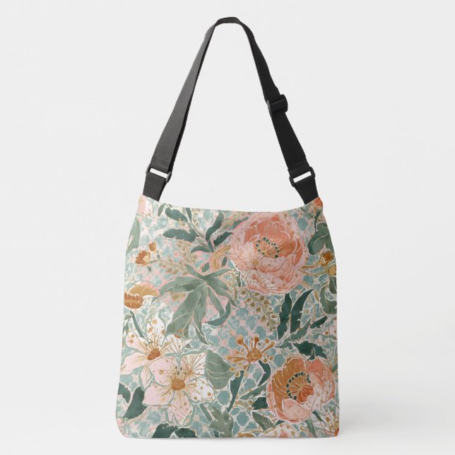 Bolso Cruzado Lovely Blooming Peach Flowers and Leaves, Pattern (Anverso)