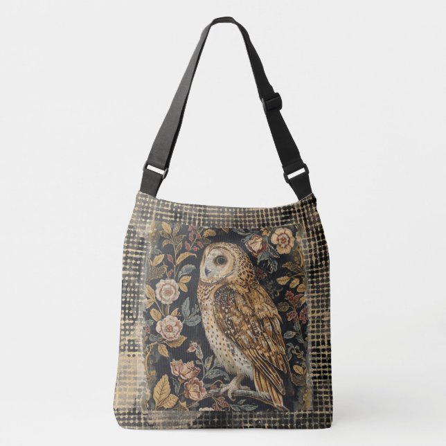 Bolso Cruzado Lovely Owl in the Flowers Garden ,Gold Checkered (Anverso)