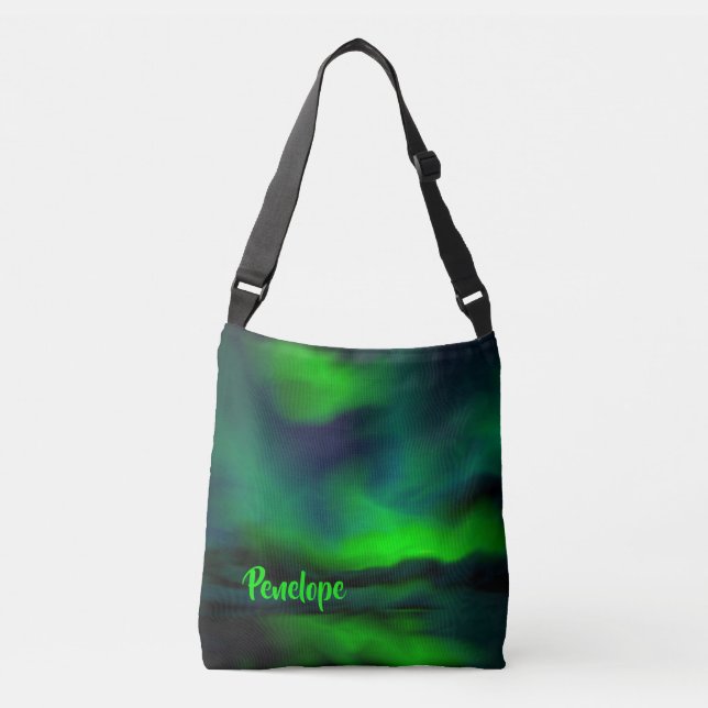 Bolso Cruzado Luces boreales verdes azules de bonito y tu nombre (Anverso)