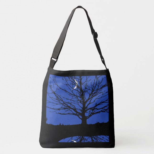 Bolso Cruzado Luna con árbol, azul cobalto, negro y blanco (Reverso)