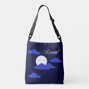 Bolso Cruzado Luna llena sonriente con nubes: azul oscuro