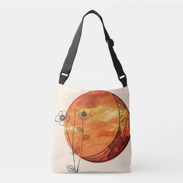Bolso Cruzado Luna naranja y flor de amapola (Anverso)